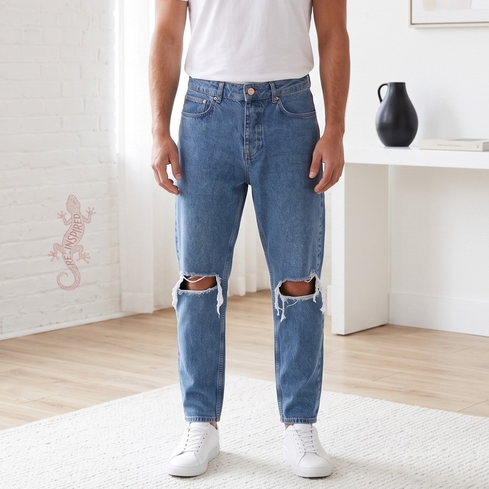 ASOS Design Distressed Jeans Mens 30x30 Blue Ripped Knee Slim Straight Denim New